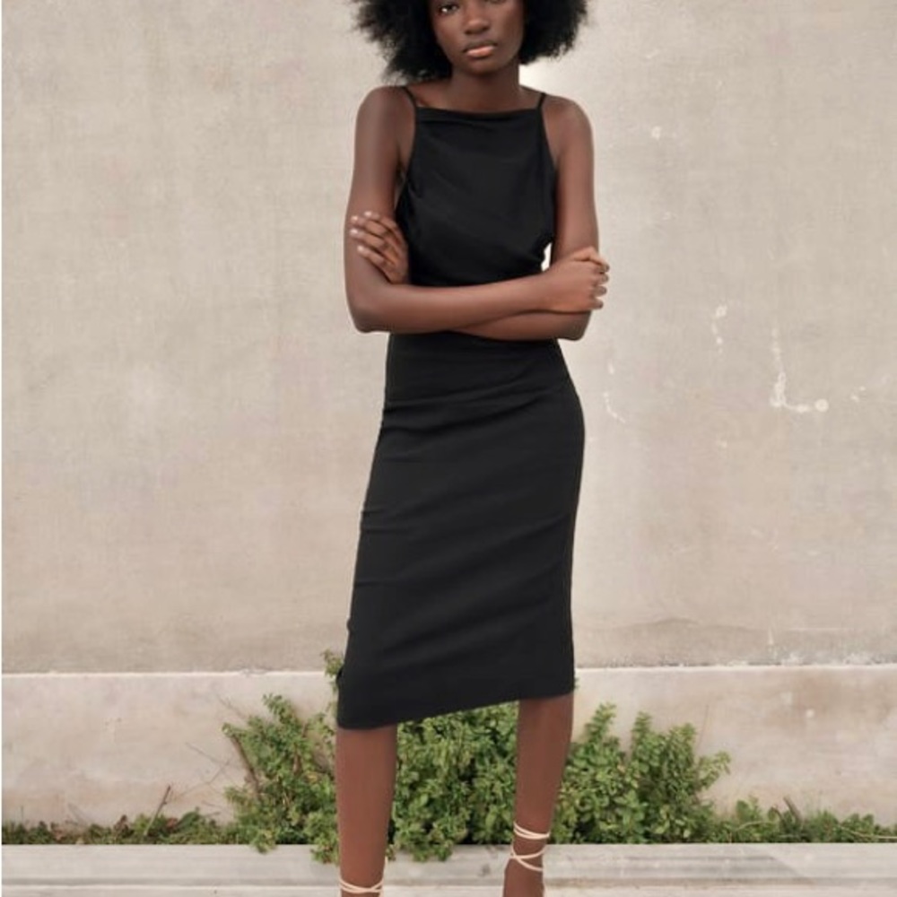 Zara NWOT square neck black ruched midi dress - Picture 11 of 13